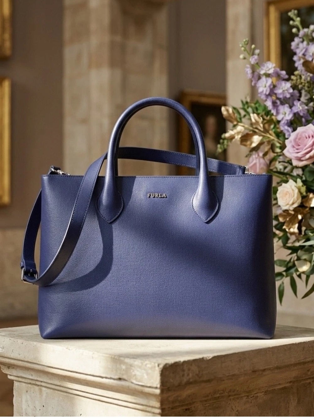NEW FURLA Martha Notturno Blue Saffiano Leathe Tote/Crossbody Bag Made in Italy